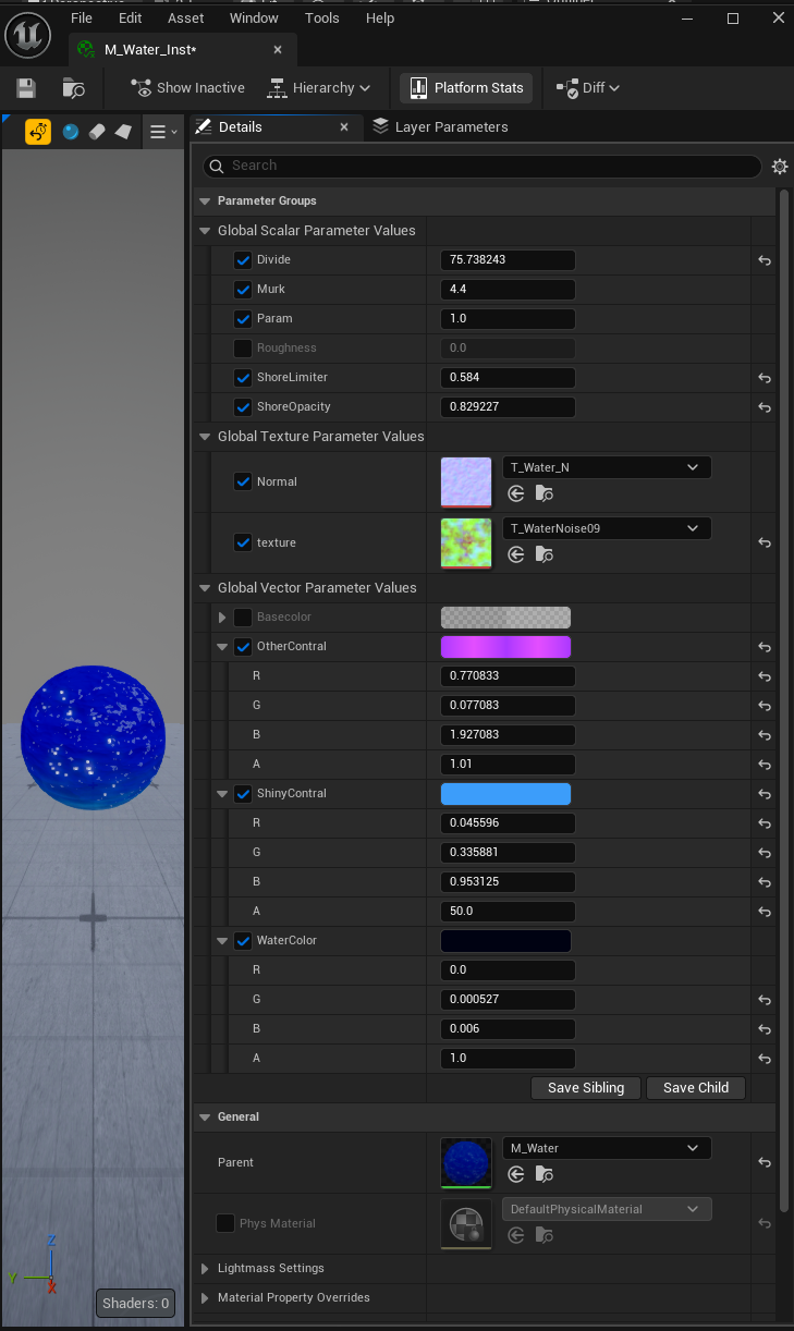 Water material instance parameters