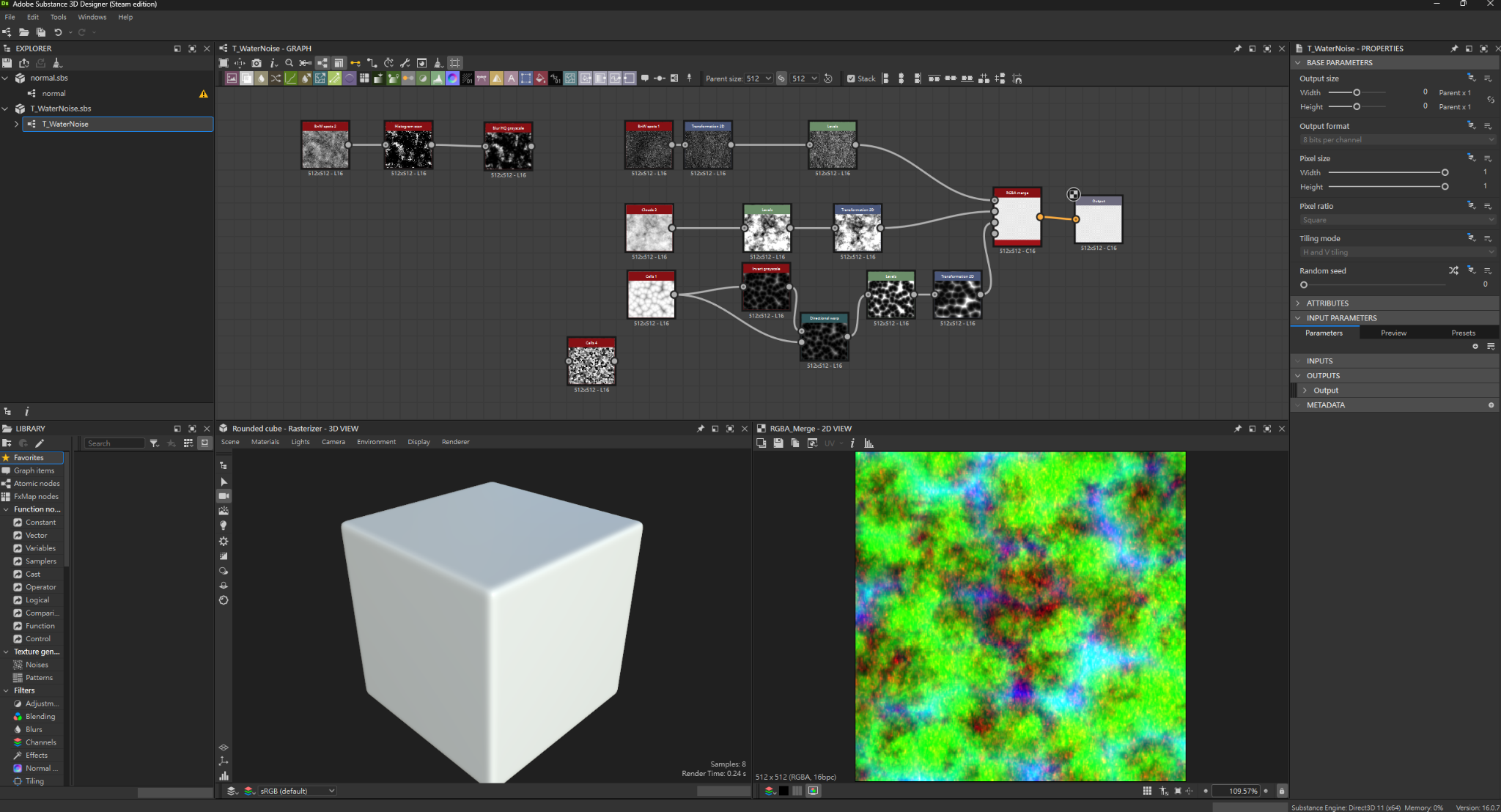 Substance 3D Designer water noise graph and RGBA texture preview
